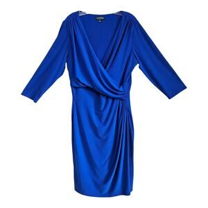 LAUREN RALPH LAUREN Women's 14 Dress Faux Wrap Royal Blue Ruched Sheath Draped